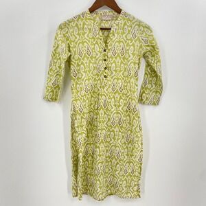 Utsa Kurti Tunic Women XS Lime Green Ikat Block Print Boho Split Neck Henley